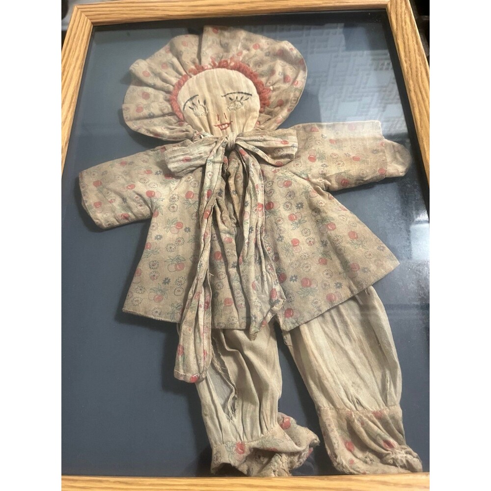 Rare Antique Primitive Cloth Doll in Shadowbox